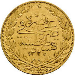 100 Kurush 1327/4 (1912) Muhammad V, Gold 917er, KM# 754, kl. Kratzer ...