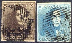 1849, König Leopold mit Epauletten, 10 C braun sowie 20 C blau, ...