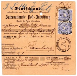 20 Pfg. ultramarin, Prachtpaar mit K1 "KAISERL.DEUTSCH. P.A ...