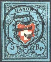 5 Rappen "Rayon I" ohne Kreuzeinfassung (Zumstein 15 II, Type 33), ...