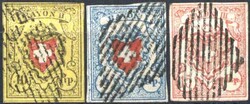 10 Rappen "Rayon II" und 5 Rappen "Rayon I" 1850/51, dazu 15 Rappen ...