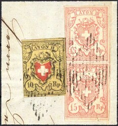 15 Rappen große Ziffer 1852, senkrechtes Paar, allseits voll- ...