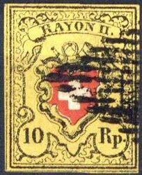 1850, 10 Rp. RAYON II, ohne Kreuzeinfassung, Zumstein 16 II, Type 22, ...