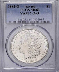 1882-O Morgan Silver Dollar Top 100, PCGS MS-63, VAM 7 O/O
