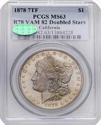 1878 7TF Morgan Silver Dollar, PCGS MS-63, R78 VAM-82, Doubled Stars ...