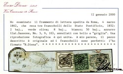 MiNr. 3, 9, 10 I, MiF auf Speditionsbriefstück Rom, 4. März 1862, ...