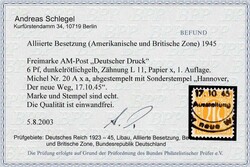 6 Pf. deutscher Druck, auf sogenanntem Etikettenpapier der 1. Auflage ...