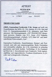 (1865), Ganzsachen-Vorderseite 9 Kr. braun auf weiß, mit ...