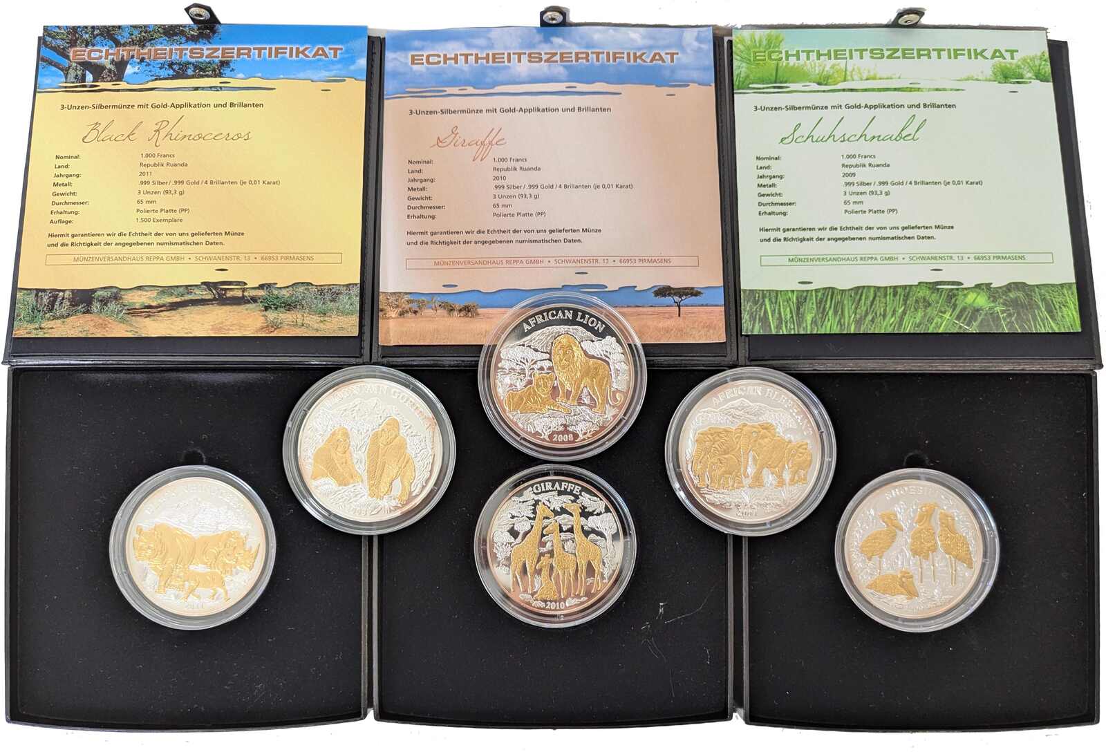 1.000 Francs FRW 3 Oz Silber-Gedenkmünzen mit Tiermotiven, 6 ...