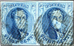 20 C. blau 1849 Leopold I., waagerechtes Paar, voll- breitrandig. ...