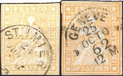 20 Rp. gelb und orange 1854, je sauber gest. Mi. 16 II (170,-).  ...