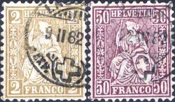 2 C. oliv, 50 C. lila 1881 Faserpapier, Sitzende Helvetia, sauber ...