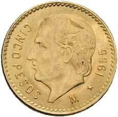 5 Pesos 1955, KM# 464, handelsüblich Erhaltung.