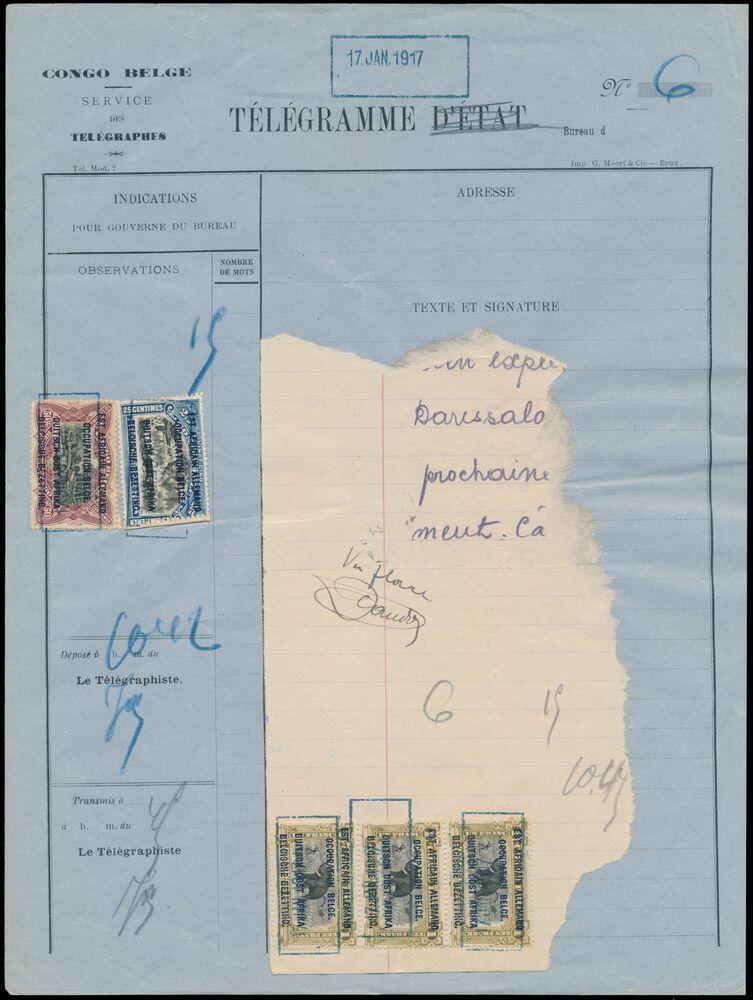 1917, telegraphic message on "Congo Belge - Télégramme d'Etat" form ...