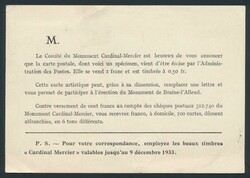 1933 N° 342 "10c. violet" on illustrated card "Cardinal Mercier ...