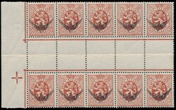 S 14 "70c. reddish brown", sur un bloc-feuillet de 10 avec un panneau ...