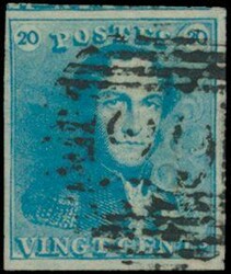 N° 2 „20c. blau”, vollrandig mit 3 Nachbarn, Farbe tendiert zu ...