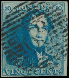 N° 2 "20c. blue", fully margined, cancel P.68-Le Fayt, vf (OBP €60 ...