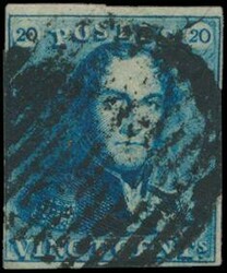 N° 2 "20c. blue", fully margined, national cancel (14 bars), ...