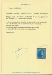 N° 2A "20c. blue", fully margined, cancelled at P.24-Brussels, with ...