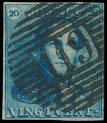 N° 2A "20c. blue", fully margined, beautiful central cancel P ...