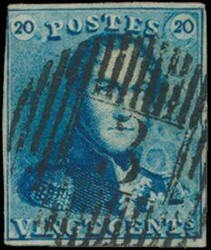 N° 2A "20c. blue", fully margined, cancel D.3-Antoing, central ...