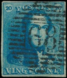 N° 2A "20c. blue", fully margined, cancel P.68-Le Fayt, position 14, ...