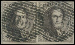 N° 3 "10c. brown", fully margined pair with multiple griffs, nice ...