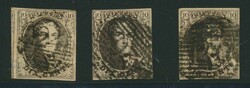N° 3 "10c. brown" (3x) fully margined, two heavy cancellations, vf/f ...
