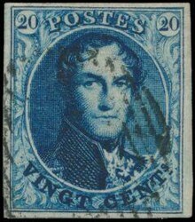 N° 4 "20c. dark blue", fully margined with griffes, illegible light ...