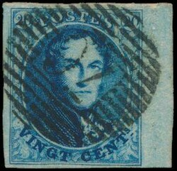 N° 7 "20c. blue", fully margined with right margin, central ...