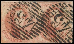 N° 8a "40c. carmine red", left pair close to being touched with ...