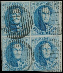 N° 11 "20c. blue", in block of four, cut at the bottom with right ...