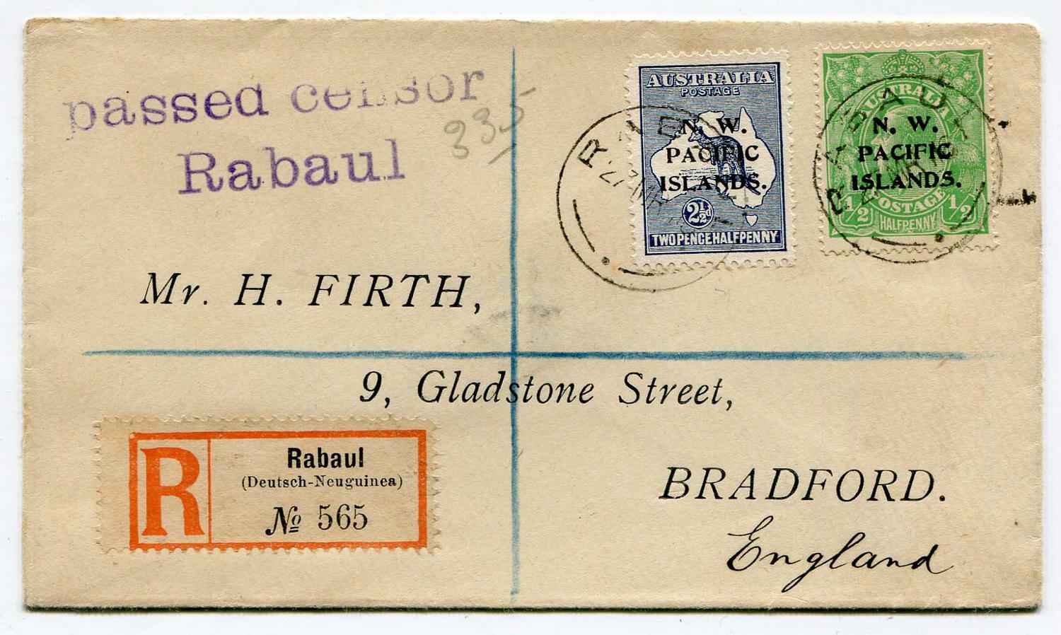1916 censored envelope addressed to Bradford franked Australian 2 ...
