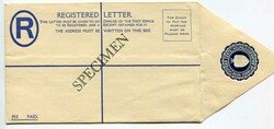 1949 15c registered stationery envelope (G) overprinted'SPECIMEN'The ...