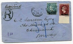 1898 registered envelope addressed to Christiana Norway franked '21/2 ...