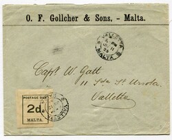 1925 stampless taxed local envelope cancelled 'VALLETTA' c.d.s. 'JU ...
