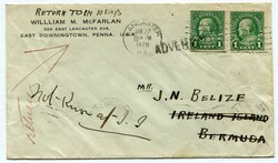 1926 envelope from Lancaster PA to Ireland Island with straight line ...