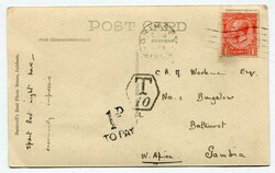 1926 taxed postcard from Grimsby addressed to Bathurst. On arrival ...