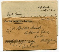 1946 stampless Forces Air Mail envelope with enclosed letter written ...