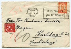 1951 taxed envelope addressed to Switzerland franked 4d adhesive tied ...