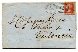 1876 E.L. addressed to Valencia franked GB 1d PL.171 HO - OH tied ...