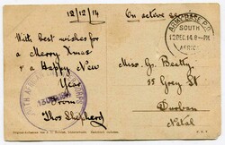 1914 stampless On Active Service postcard addressed to Durban ...