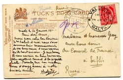 1911 Consular postcard to Russia 1d adhesive tied "VALLETTA" c.d.s. ...