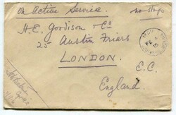 1916 'On Active Service/No Stamps' envelope addressed to London ...