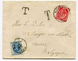 1910 taxed envelope addressed to Belgium franked 1d adhesive tied ...