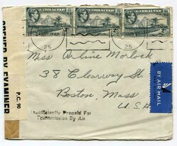1942 censored envelope addressed to the U.S.A. Franked 3 x 2d ...