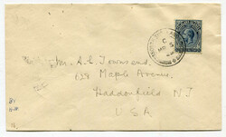 1929 envelope addressed to New Jersey franked 2 1/2d adhesive tied ...
