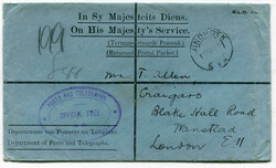 1930 stampless On His Majesty's Service envelope from The Returned ...
