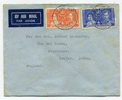 1937 envelope addressed to Exeter franked 20c & 30c Coronation ...